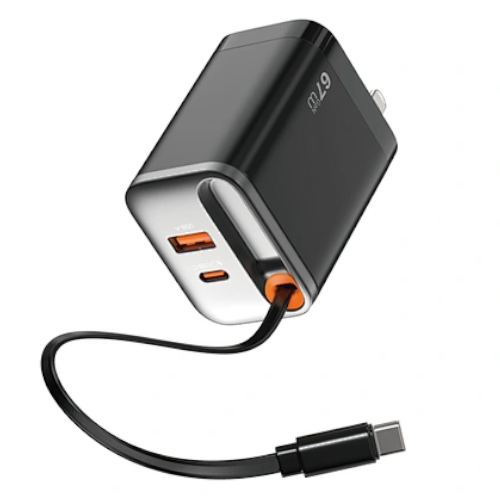 WiWU Wi-G020 67W GaN Charger with Retractable Type-C & Dual USB-C/A Ports